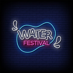 Wall Mural - water festival neon Sign on brick wall background 