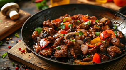 Sticker - Close up of a skillet with seasoned meat, veggies, and spices