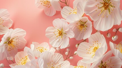 Wall Mural - Template white flowers with yellow stamens placed on a pink background. Generative Ai