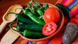 Green Spicy Serrano Peppers with Tomatoes and Coriander.  Ingredients for Mexican food cuisine. Serrano chili.