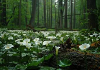 Calla lilies in a misty forest