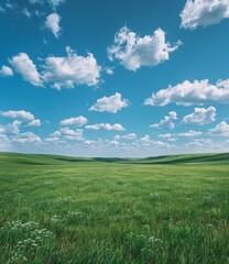 b'Grasslands under blue sky and white clouds'