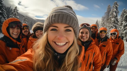 Wall Mural - b'A group of friends skiing down a snowy slope'