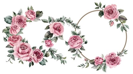 Sticker - Wreaths, set floral frames, watercolor flowers pink roses, Illustrations hand painted. Isolated on white background. Perfectly for greeting card design. Generative Ai