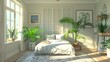 b'A bright and airy bedroom with a large window, a comfortable bed, and lots of plants'