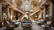 b'A grand living room with a double staircase and crystal chandelier'