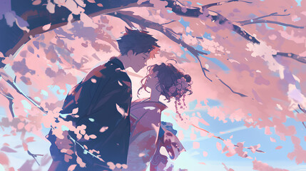 Sticker - close up Two anime characters on a date, standing near a cherry blossom tree. illustration style background