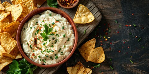 Wall Mural - Homemade sour cream and onion dip with tortilla chips