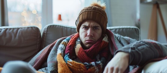 A relaxed man in a room is comfortably seated on a couch, covered with a warm blanket and wearing a stylish hat