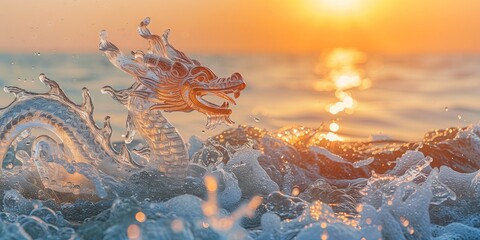 Poster - In the rays of dawn on a summer morning, the splash of a wave accidentally formed a cheerful Chinese dragon