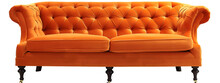 Orange Velvet Sofa With Buttons, Isolated On White Background