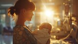 Fototapeta  - A mother holding her newborn baby in a brightly lit hospital room. Capture the joy and wonder of new life.