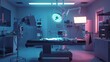 A sterile medical environment with state-of-the-art equipment neatly arranged. An empty examination table sits under a soft glow of medical lights. 