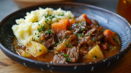 Canvas Print - A table featuring a dish of stew and potatoes