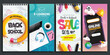 Back to school e learning vector poster set design. Back to school online education with laptop computer, mobile phone digital device, pencil and color elements educational out collection. Vector 