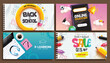 Back to school e learning vector banner set design. Back to school online education, e learning and promotion sale for educational learning lay out collection. Vector illustration school online 