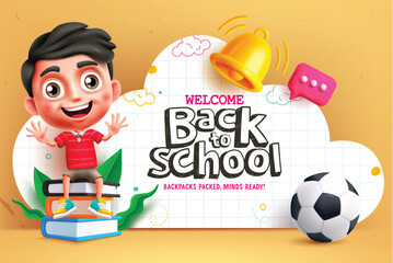Fototapete - Back to school boy character vector design. Welcome back to school greeting text in paper cut clouds with happy smiling cute boy kid for educational learning concept. Vector illustration back 