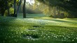 A footprints left in the morning dew on a fairway, leading towards the green, symbolizing the journey of a golf hole
