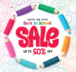 Back to school sale vector banner design. Back to school sale limited rime offer text with color pencil and crayons elements for educational promotion banner. Vector illustration school sale design. 

