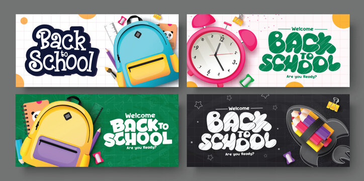 Back to school vector banner set design. Welcome back to school greeting text with student bag backpack, alarm clock and rocket ship educational materials for flyers lay out collection. Vector 