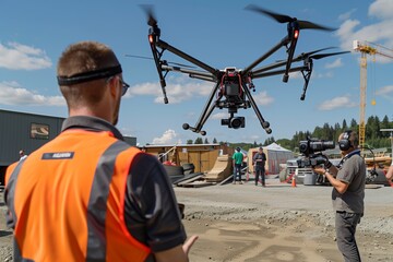 A quadcopter helps people at a construction site