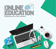 Online school education vector design. Back to school online education text with laptop computer digital device for e learning course concept. Vector illustration school online education design. 
