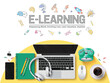 E learning school vector template design. Back to school e learning text with laptop computer digital device, headphone and mouse for distance learning template. Vector illustration e learning 