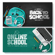 Back to school vector banner set design. Online school e learning virtual education and back to school greeting with backpack elements for flyers lay out collection. Vector illustration back to school