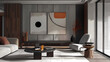 modern sensibility in the living room a white chair and brown pillow sit against a gray and white w
