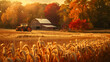 Autumn Harvest Time: The Warm Glow of Sunset on a Bustling Farmstead Amidst Golden Fields - Image made using Generative AI
