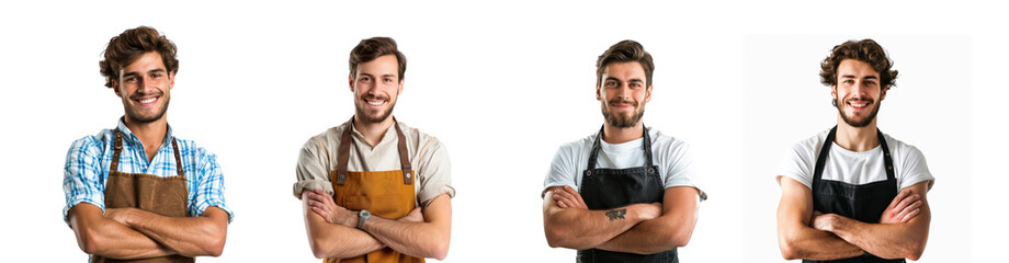 Set of crossed arms young man in apron smiling looking at camera on transparency background PNG
