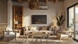 Farmhouse living room interior with wooden furniture wall mockup