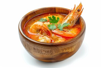 Wall Mural - Tom Yum soup with prawn, thai food served in wood bowl. isolated on white background