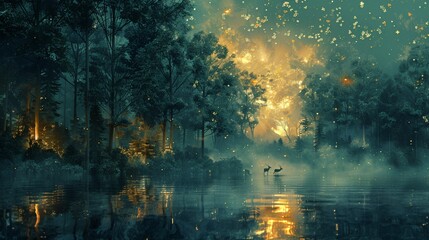 Wall Mural - Creative 3D interior wall art depicting a mystical forest in dark green and gold tones, enhanced with the graceful presence of deer among the trees