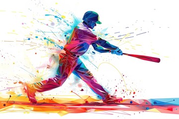 Wall Mural - Vivid outlines of geometry over a white backdrop, a man baseball pro slams a baseball with his bats abstract artwork for utilizing and space, Generative AI.