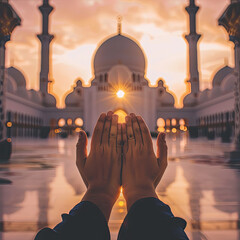 Wall Mural - A picture of hands raised in prayer, with a soft-focus mosque in the background, symbolizing devotion and faith