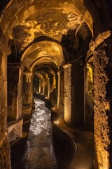 Wall Mural - Step into the shadowy depths of an ancient catacomb, where labyrinthine tunnels and eerie chambers hold the secrets of generations long past, Generative AI