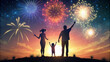 Illustration of family silhouette together and celebrating parent's day surrounded by fireworks