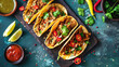 Four delicious tacos filled with pulled meat and fresh vegetables, garnished with herbs and spices on a dark slate surface.
