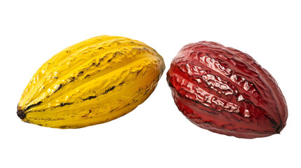 Two cacao fruits, one yellow and the other red on a white background.