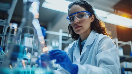 Wall Mural - young woman researcher is working in a science laboratory
