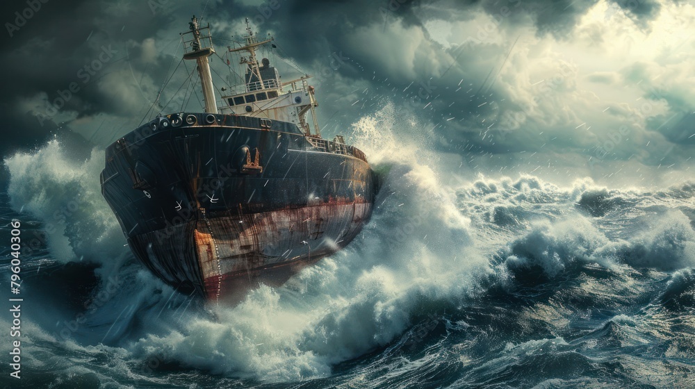 cargo ship battling against a raging storm, with waves towering over ...