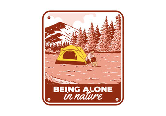 Wall Mural - camping alone in nature. vintage outdoor illustration badge design