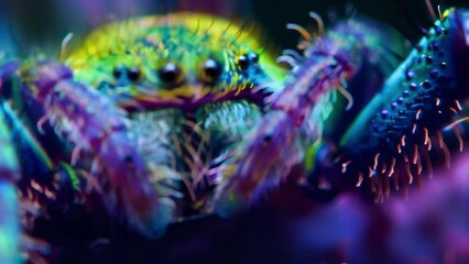 Wall Mural - Magnified view of a spider fang coated in vibrant hues of green and purple highlighting the presence of deadly toxins. The bright . AI generation.