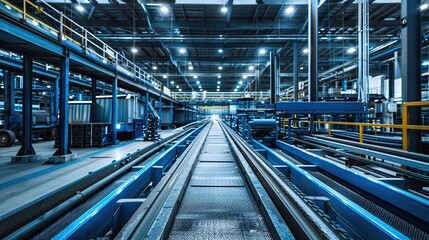Poster - Modern industrial factory with automated machinery and conveyor belts for manufacturing and transportation. Blue steel machinery and equipment in empty warehouse modern.