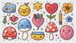 Set of groovy modern elements on gradient background. Set of 70s style cute characters, glasses, smile face, mushroom, pencil, arrow, bomb, flower, heart. Design for stickers, prints, decorative.