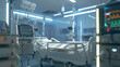 Close-up of a serene hospital ward scene where a patient rests, life support equipment humming softly, its screens showing ongoing monitoring.