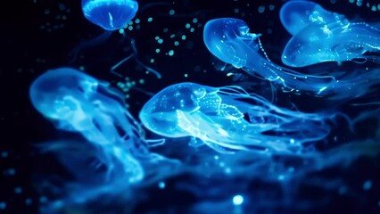 Poster - An otherworldly image of bioluminescent plankton emitting a soft glow in the darkness of the ocean. . AI generation.