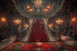 A grand, darkly lit mansion interior with intricate architecture and rich red carpeting leading to an ornate staircase. Created with Ai