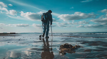 Man Using A Metal Detector On The Beach He Hoped To Find Something Valuable.